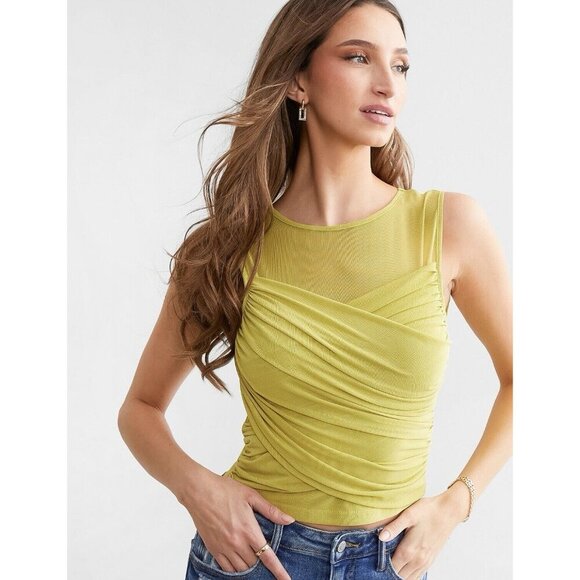 Willow & Root Tank Top Womens Size M Mesh Yoke Draped Sleeveless Blouse Yellow - Picture 1 of 12